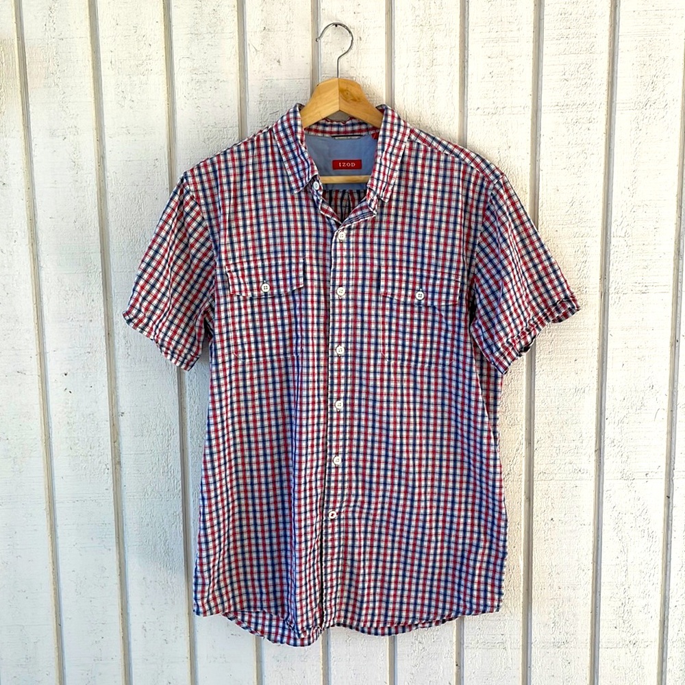 Men’s Medium Izod Red/Blue/White Button-Up Short